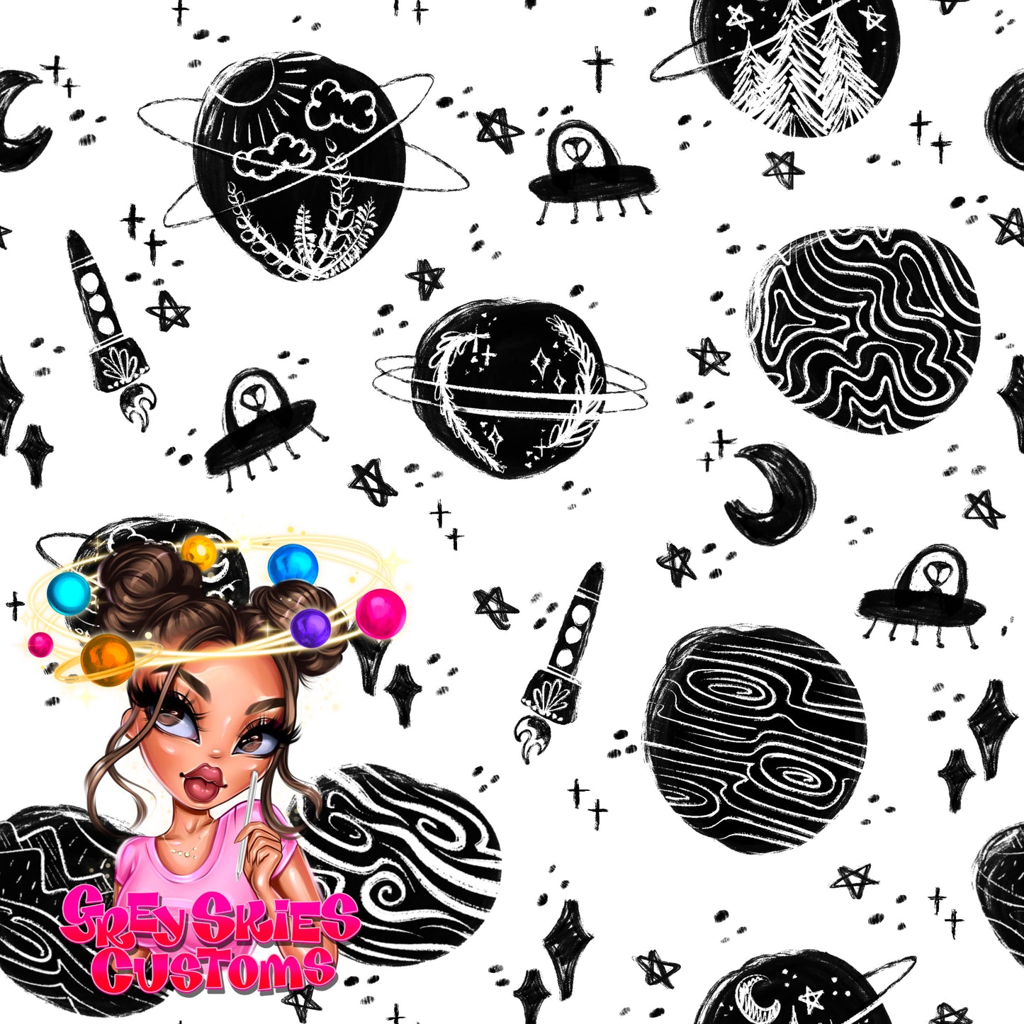 Black Space Doodle- White 🪦